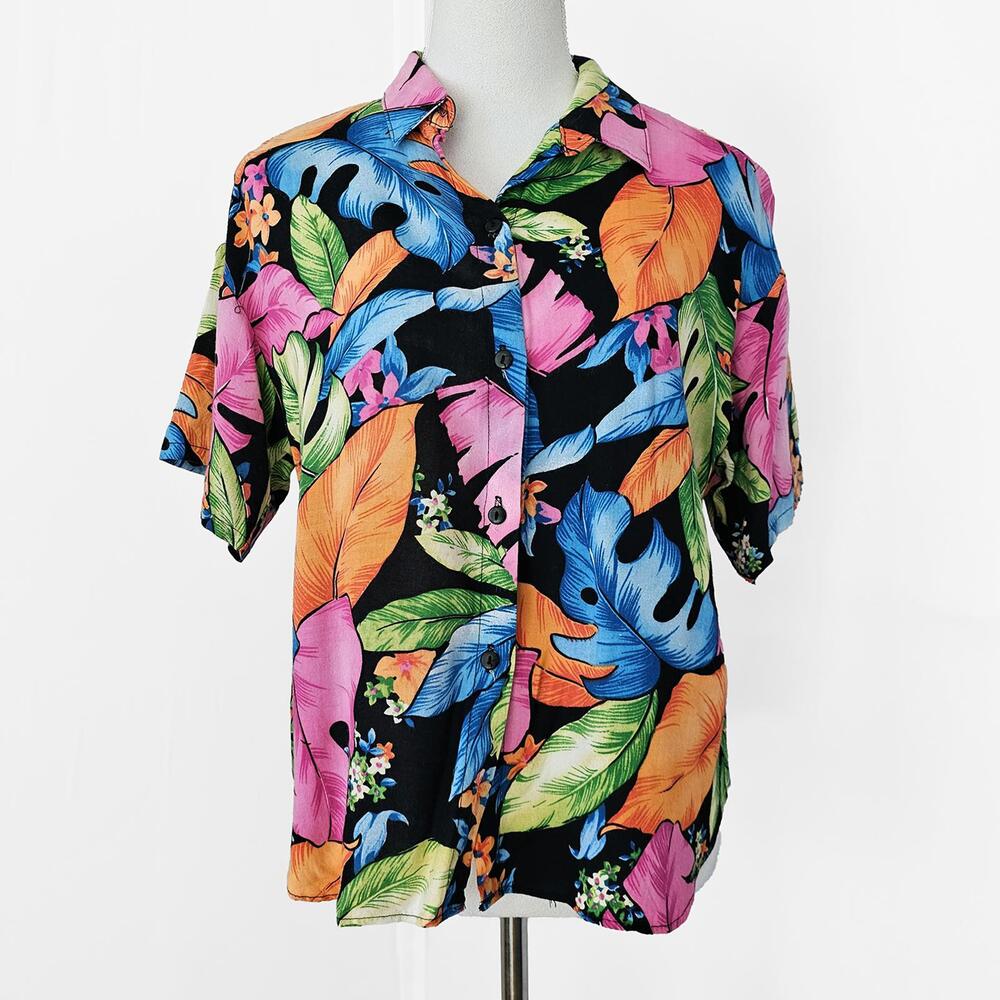 Vintage Med/Large Women's Hawaiian Shirt with Colorful Tropical Leaf Print